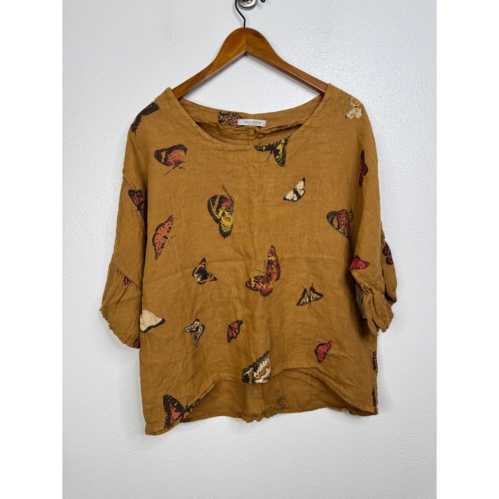 Viola Borghi Italy 100% Linen Butterfly Print Ruffle Sleeve Blouse Mustard Small